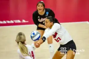 Nebraska Cornhusker Harper Murray (27) digs the ball against the Long Island Sharks in the third set during the first round of the NCAA volleyball championships on Friday, December 1, 2023, in Lincoln, Neb. Photo by John S. Peterson.