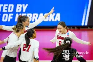 Nebraska Cornhusker Bergen Reilly (2) celebrates a point with the Huskers against the Long Island Sharks in the second set during the first round of the NCAA volleyball championships on Friday, December 1, 2023, in Lincoln, Neb. Photo by John S. Peterson.