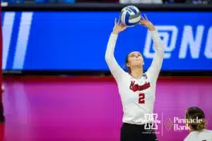 Nebraska Cornhusker Bergen Reilly (2) sets the ball against the Long Island Sharks in the second set during the first round of the NCAA volleyball championships on Friday, December 1, 2023, in Lincoln, Neb. Photo by John S. Peterson.