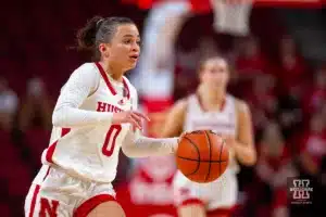 Nebraska Cornhusker guard Darian White (0) brings the ball down the court against the Florida Atlantic Owls in the second half during the basketball game on Wednesday, November 29, 2023, in Lincoln, Neb. Photo by John S. Peterson.