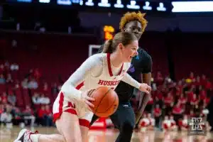Nebraska Cornhusker guard Kendall Moriarty (15) drives the baseline in the second half against the Florida Atlantic Owls during the basketball game on Wednesday, November 29, 2023, in Lincoln, Neb. Photo by John S. Peterson.