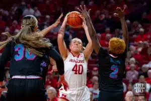 Nebraska Cornhusker center Alexis Markowski (40) grabs a rebound against the Florida Atlantic Owls in the second half during the basketball game on Wednesday, November 29, 2023, in Lincoln, Neb. Photo by John S. Peterson.