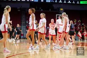 Nebraska Cornhuskers celebrates the win over the Florida Atlantic Owls during the basketball game on Wednesday, November 29, 2023, in Lincoln, Neb. Photo by John S. Peterson.