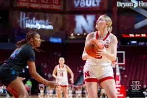 Nebraska Cornhusker forward Jessica Petrie (12) sets up for a shot against the Florida Atlantic Owls in the first half during the basketball game on Wednesday, November 29, 2023, in Lincoln, Neb. Photo by John S. Peterson.