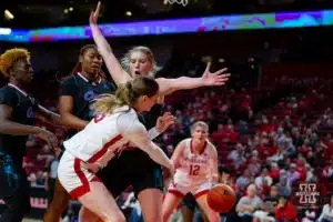Nebraska Cornhusker guard Kendall Moriarty (15) makes a pass to forward Jessica Petrie (12) against the Florida Atlantic Owls in the second half during the basketball game on Wednesday, November 29, 2023, in Lincoln, Neb. Photo by John S. Peterson.