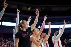 Nebraska Cornhuskers bench celebrates a three against the Florida Atlantic Owls in the second half during the basketball game on Wednesday, November 29, 2023, in Lincoln, Neb. Photo by John S. Peterson.