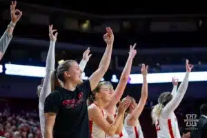 Nebraska Cornhuskers bench celebrates a three against the Florida Atlantic Owls in the second half during the basketball game on Wednesday, November 29, 2023, in Lincoln, Neb. Photo by John S. Peterson.