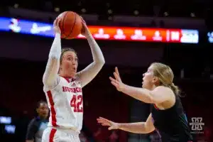 Nebraska Cornhusker guard Maddie Krull (42) looks for the pass against the Florida Atlantic Owls in the second half during the basketball game on Wednesday, November 29, 2023, in Lincoln, Neb. Photo by John S. Peterson.