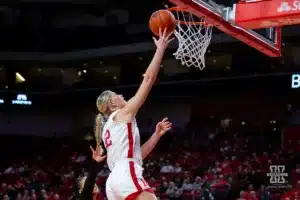 Nebraska Cornhusker forward Jessica Petrie (12) makes a layup against the Florida Atlantic Owls in the second half during the basketball game on Wednesday, November 29, 2023, in Lincoln, Neb. Photo by John S. Peterson.