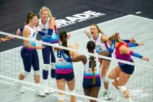 Omaha Supernovas celebrates a point against the Atlanta Vibe during the first professional volleyball match in the United States on Wednesday, January 24, 2024, in Omaha, Nebraska. Photo by John S. Peterson.