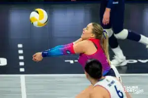 Omaha Supernovas Kendall White (3) digs the ball against the Atlanta Vibe during the first professional volleyball match in the United States on Wednesday, January 24, 2024, in Omaha, Nebraska. Photo by John S. Peterson.