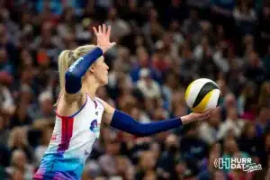 Omaha Supernovas Jess Schaben-Lansman (10) readies to serve the ball against the Atlanta Vibe during the first professional volleyball match in the United States on Wednesday, January 24, 2024, in Omaha, Nebraska. Photo by John S. Peterson.
