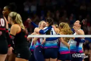 Omaha Supernovas celebrate a point against the Atlanta Vibe during the first professional volleyball match in the United States on Wednesday, January 24, 2024, in Omaha, Nebraska. Photo by John S. Peterson.