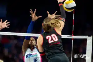 Omaha Supernovas Bethania De La Cruz (18) defends against Atlanta Vibe Grace Cleveland (20) during the first professional volleyball match in the United States on Wednesday, January 24, 2024, in Omaha, Nebraska. Photo by John S. Peterson.
