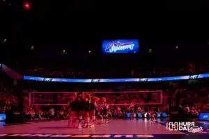 Both teams, the Atlanta Vibe and Omaha Supernovas huddle up before the start of the first professional volleyball match in the United States on Wednesday, January 24, 2024, in Omaha, Nebraska. Photo by John S. Peterson.