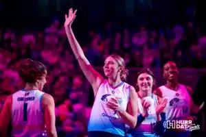 Omaha Supernovas Gina Mancuso-Prososki (7) waves to the fans when introduced before taking on the Atlanta Vibe during the first professional volleyball match in the United States on Wednesday, January 24, 2024, in Omaha, Nebraska. Photo by John S. Peterson.