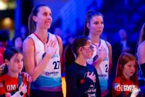 The National Anthem before the Omaha Supernovas take on the Atlanta Vibe during the first professional volleyball match in the United States on Wednesday, January 24, 2024, in Omaha, Nebraska. Photo by John S. Peterson.