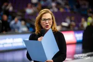 Nebraska first lady Suzanne Pillen reads a proclamation for the first professional volleyball match in the United States between the Omaha Supernovas and the Atlanta Vibe on Wednesday, January 24, 2024, in Omaha, Nebraska. Photo by John S. Peterson.