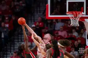 Nebraska Cornhusker forward Josiah Allick (53) blocks a shot from Ohio State Buckeye guard Bruce Thornton (2) in the first half during a college basketball game on Tuesday, January 23, 2024, in Lincoln, Nebraska. Photo by John S. Peterson.
