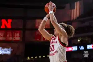 Nebraska Cornhusker forward Josiah Allick (53) makes a three point shot from the corner against the Ohio State Buckeyes in the first half during a college basketball game on Tuesday, January 23, 2024, in Lincoln, Nebraska. Photo by John S. Peterson.