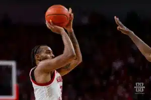 Nebraska Cornhusker guard Brice Williams (3) makes a three point shot against the Ohio State Buckeyes in the second half during a college basketball game on Tuesday, January 23, 2024, in Lincoln, Nebraska. Photo by John S. Peterson.