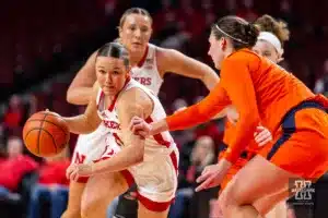 Nebraska Cornhusker guard Callin Hake (14) drives to the basket against the Illinois Fighting Illini in the second half during a college basketball game on Thursday, January 11, 2024, in Lincoln, Nebraska. Photo by John S. Peterson.