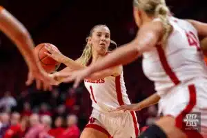 Nebraska Cornhusker guard Jaz Shelley (1) looks to pass against the Illinois Fighting Illini in the second half during a college basketball game on Thursday, January 11, 2024, in Lincoln, Nebraska. Photo by John S. Peterson.
