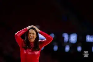 Nebraska Cornhusker head coach Amy Williams reacts to the action on the court against the Illinois Fighting Illini in the second half during a college basketball game on Thursday, January 11, 2024, in Lincoln, Nebraska. Photo by John S. Peterson.