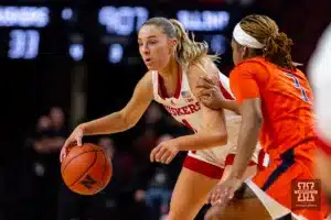 Nebraska Cornhusker guard Jaz Shelley (1) dribbles the ball against Illinois Fighting Illini guard Makira Cook (3) in the second half during a college basketball game on Thursday, January 11, 2024, in Lincoln, Nebraska. Photo by John S. Peterson.