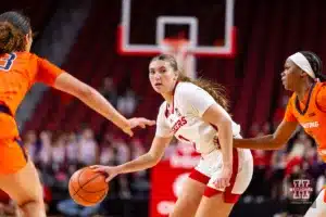 Nebraska Cornhusker guard Logan Nissley (2) dribbles the ball against the Illinois Fighting Illini in the first half during a college basketball game on Thursday, January 11, 2024, in Lincoln, Nebraska. Photo by John S. Peterson.