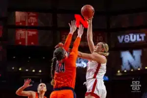 Nebraska Cornhusker center Alexis Markowski (40) puts up a jumper against Illinois Fighting Illini forward Kendall Bostic (44) in the first half during a college basketball game on Thursday, January 11, 2024, in Lincoln, Nebraska. Photo by John S. Peterson.