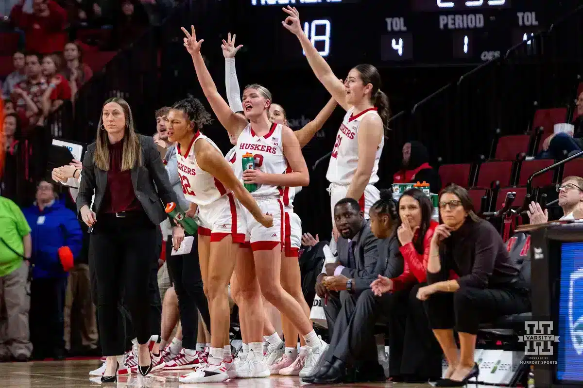 Nebraska Cornhuskers bench celebrates a three point shot in the first half against the Illinois Fighting Illini during a college basketball game on Thursday, January 11, 2024, in Lincoln, Nebraska. Photo by John S. Peterson.