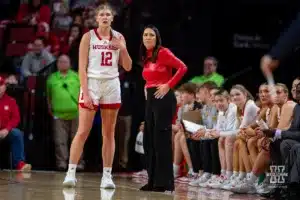Nebraska Cornhusker forward Jessica Petrie (12) talks to Nebraska Cornhusker head coach Amy Williams in the first half against the Illinois Fighting Illini during a college basketball game on Thursday, January 11, 2024, in Lincoln, Nebraska. Photo by John S. Peterson.