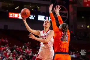 Nebraska Cornhusker forward Natalie Potts (22) makes a lay up against Illinois Fighting Illini forward Kendall Bostic (44) in the first half during a college basketball game on Thursday, January 11, 2024, in Lincoln, Nebraska. Photo by John S. Peterson.