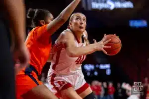 Nebraska Cornhusker center Alexis Markowski (40) drives to the basket against Illinois Fighting Illini center Camille Hobby (41) in the first half during a college basketball game on Thursday, January 11, 2024, in Lincoln, Nebraska. Photo by John S. Peterson.