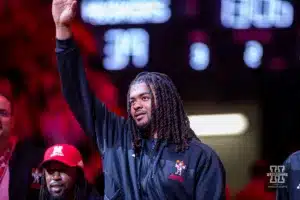 Former Nebraska Cornhuskers basketball play Derek Walker waves to the fans on Alumni Night during a college basketball game against the Northwestern Wildcats on Saturday, January 20, 2024, in Lincoln, Nebraska. Photo by John S. Peterson.