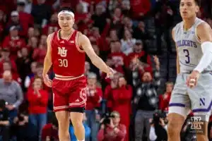 Nebraska Cornhusker guard Keisei Tominaga (30) celebrates making  during a college basketball game on Saturday, January 20, 2024, in Lincoln, Nebraska. Photo by John S. Peterson.