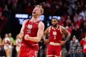 Nebraska Cornhusker forward Rienk Mast (51) yells celebrating the win over Northwestern Wildcats during a college basketball game on Saturday, January 20, 2024, in Lincoln, Nebraska. Photo by John S. Peterson.