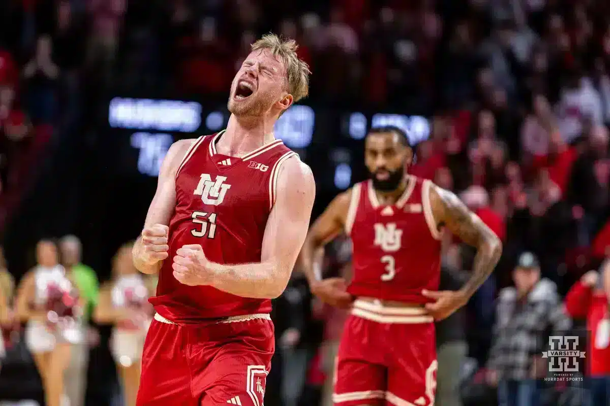 JP20240120_MBB_NU_NW_0012_WM.jpg Nebraska Cornhusker forward Rienk Mast (51) yells celebrating the win over Northwestern Wildcats during a college basketball game on Saturday, January 20, 2024, in Lincoln, Nebraska. Photo by John S. Peterson.
