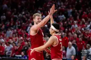 Nebraska Cornhusker forward Rienk Mast (51) and Nebraska Cornhusker guard Keisei Tominaga (30) give each other a high five at the end of the game against the Northwestern Wildcats during a college basketball game on Saturday, January 20, 2024, in Lincoln, Nebraska. Photo by John S. Peterson.