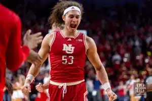 Nebraska Cornhusker forward Josiah Allick (53) celebrates the win over the Northwestern Wildcats during a college basketball game on Saturday, January 20, 2024, in Lincoln, Nebraska. Photo by John S. Peterson.