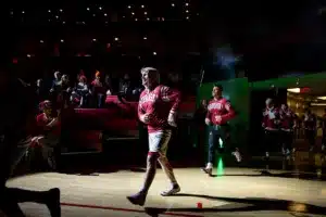 Nebraska Cornhusker Jacob Van Dee walks out to the mat to take on the Iowa Hawkeyes during a college wrestling march on Friday, January 12, 2024, in Lincoln, Nebraska. Photo by John S. Peterson.