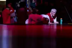 Nebraska Cornhusker head coach Mark Manning and assistant coach Tervel Dlagnev react to the performance on the mat agains the Iowa Hawkeyes during a college wrestling march on Friday, January 12, 2024, in Lincoln, Nebraska. Photo by John S. Peterson.