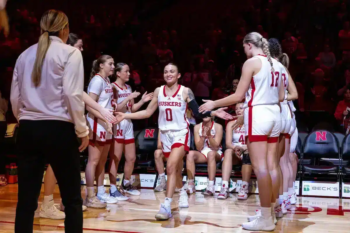 Nebraska Cornhusker guard Darian White (0) introduced before taking on the Illinois Fighting Illini during a college basketball game on Thursday, January 11, 2024, in Lincoln, Nebraska. Photo by John S. Peterson.