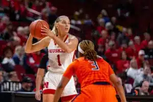 Nebraska Cornhusker guard Jaz Shelley (1) set a play against the Illinois Fighting Illini in the first half during a college basketball game on Thursday, January 11, 2024, in Lincoln, Nebraska. Photo by John S. Peterson.