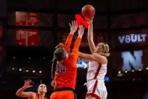 Nebraska Cornhusker center Alexis Markowski (40) puts up a jumper against Illinois Fighting Illini forward Kendall Bostic (44) in the first half during a college basketball game on Thursday, January 11, 2024, in Lincoln, Nebraska. Photo by John S. Peterson.