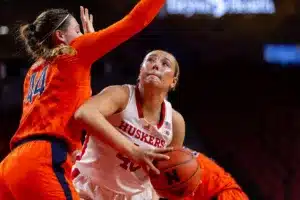 Nebraska Cornhusker center Alexis Markowski (40) makes a lay up against Illinois Fighting Illini forward Kendall Bostic (44) in the first hald during a college basketball game on Thursday, January 11, 2024, in Lincoln, Nebraska. Photo by John S. Peterson.