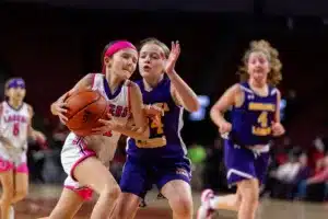 Nebraska Lazer player drives to the basket at halftime during a college basketball game between the Nebraska Cornhuskers and the Illinois Fighting Illini on Thursday, January 11, 2024, in Lincoln, Nebraska. Photo by John S. Peterson.