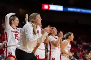 Nebraska Cornhusker guard Allison Weidner celebrates a basket against the Illinois Fighting Illini in the second half during a college basketball game on Thursday, January 11, 2024, in Lincoln, Nebraska. Photo by John S. Peterson.