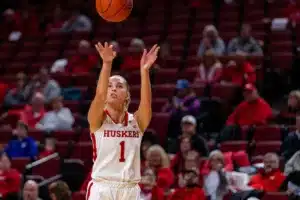 Nebraska Cornhusker guard Jaz Shelley (1) makes a three point shot against the Illinois Fighting Illini in the second half during a college basketball game on Thursday, January 11, 2024, in Lincoln, Nebraska. Photo by John S. Peterson.